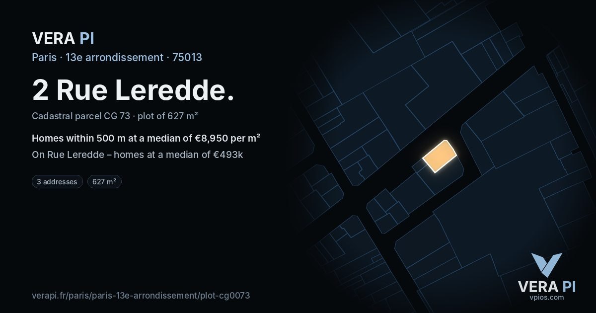 2 Rue Leredde, 13e arrondissement at night – the plot lit, the parcels around coloured by the prices near them