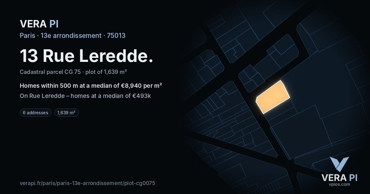 13 Rue Leredde, 13e arrondissement at night – the plot lit, the parcels around coloured by the prices near them
