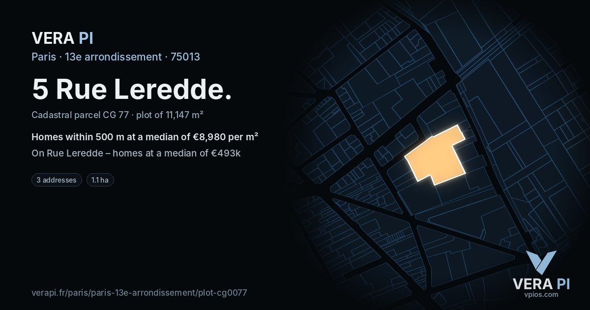 5 Rue Leredde, 13e arrondissement at night – the plot lit, the parcels around coloured by the prices near them