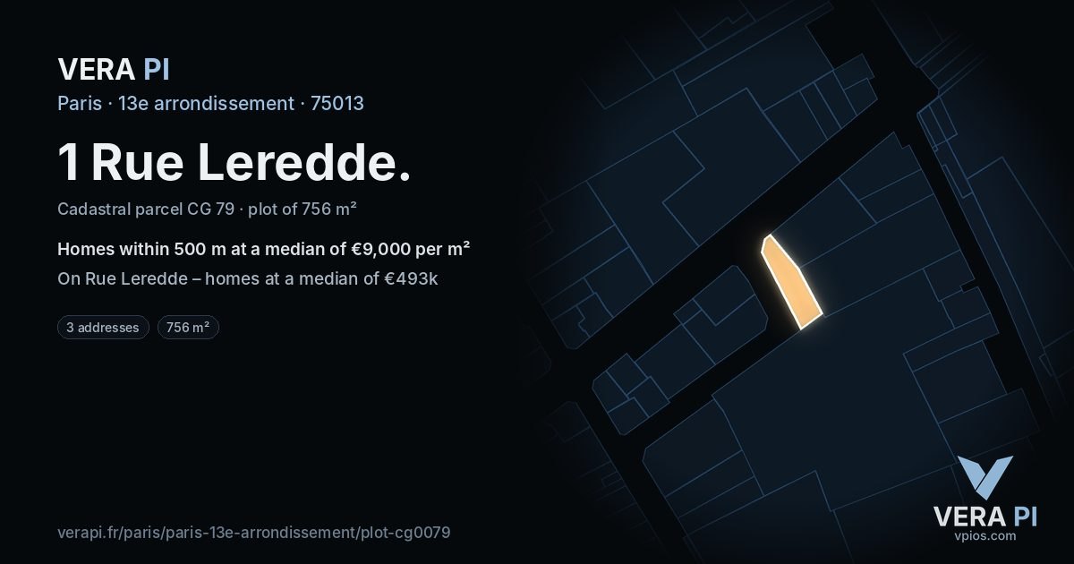 1 Rue Leredde, 13e arrondissement at night – the plot lit, the parcels around coloured by the prices near them