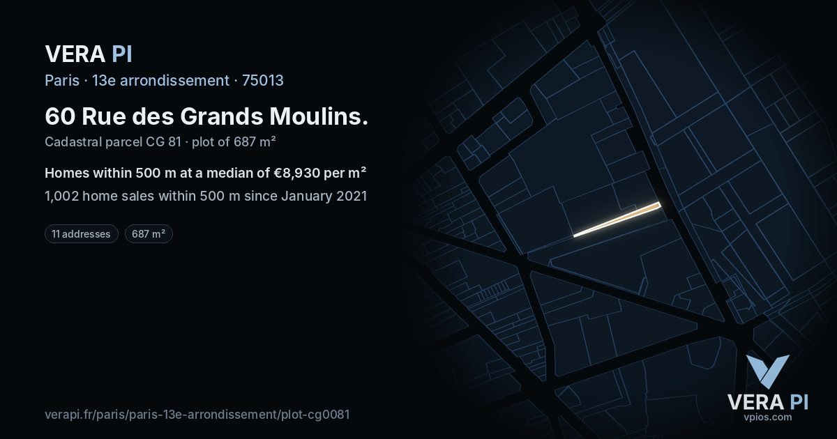 60 Rue des Grands Moulins, 13e arrondissement at night – the plot lit, the parcels around coloured by the prices near them