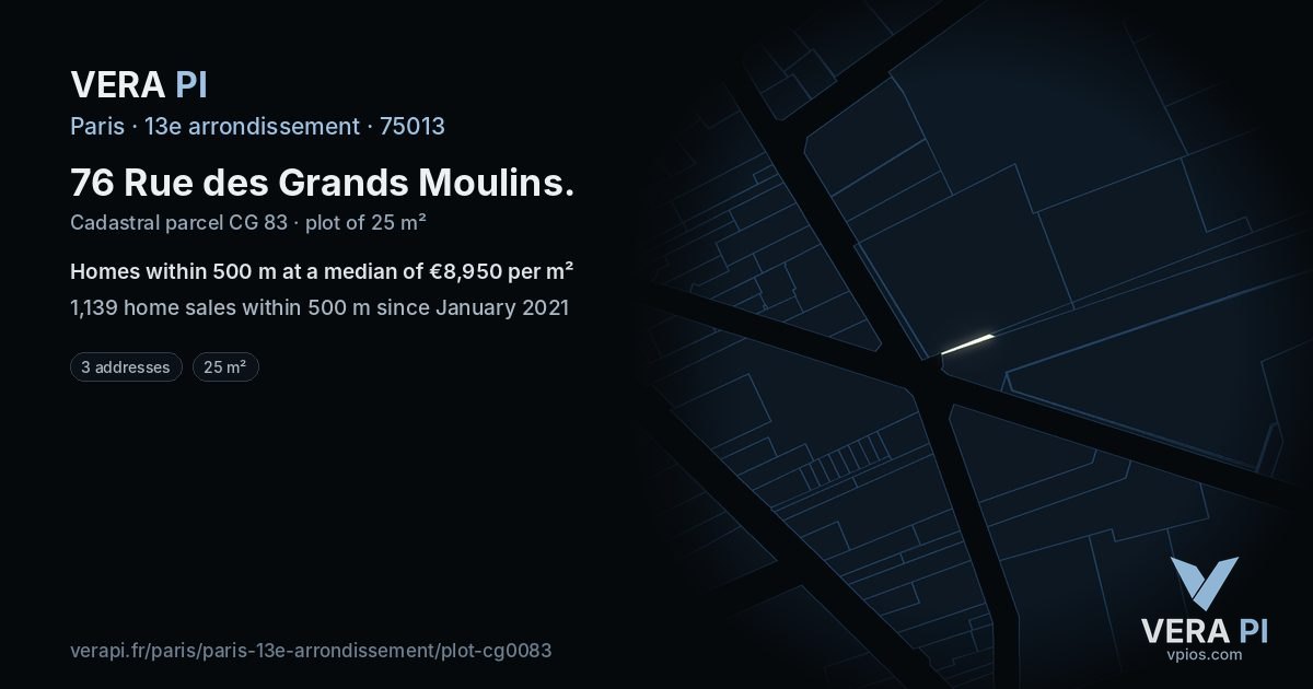 76 Rue des Grands Moulins, 13e arrondissement at night – the plot lit, the parcels around coloured by the prices near them
