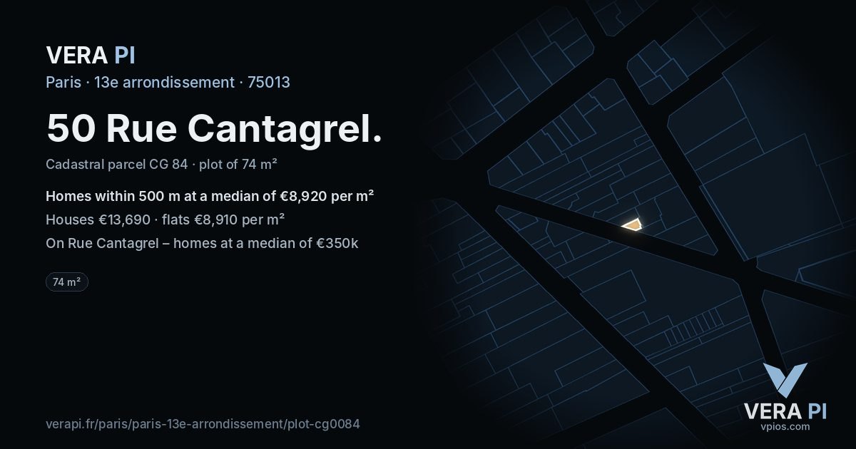 50 Rue Cantagrel, 13e arrondissement at night – the plot lit, the parcels around coloured by the prices near them