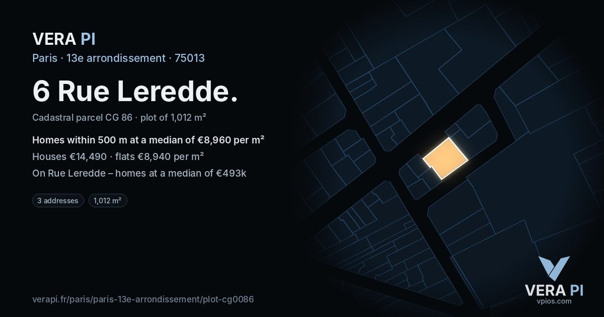 6 Rue Leredde, 13e arrondissement at night – the plot lit, the parcels around coloured by the prices near them