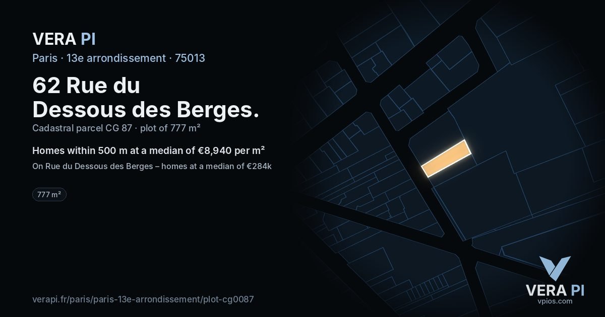 62 Rue du Dessous des Berges, 13e arrondissement at night – the plot lit, the parcels around coloured by the prices near them