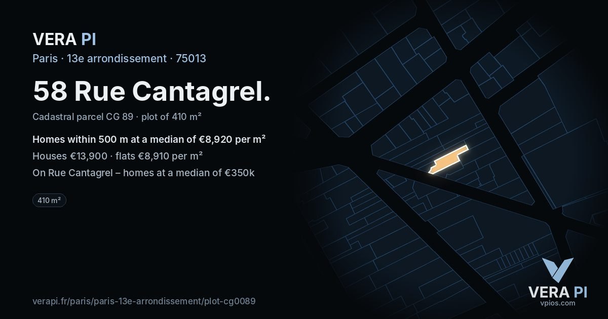 58 Rue Cantagrel, 13e arrondissement at night – the plot lit, the parcels around coloured by the prices near them