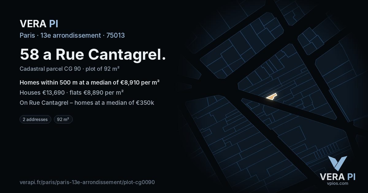 58 a Rue Cantagrel, 13e arrondissement at night – the plot lit, the parcels around coloured by the prices near them