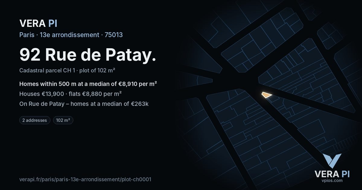 92 Rue de Patay, 13e arrondissement at night – the plot lit, the parcels around coloured by the prices near them