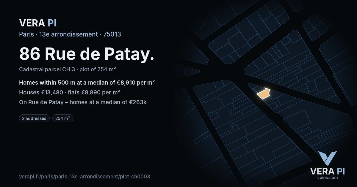 86 Rue de Patay, 13e arrondissement at night – the plot lit, the parcels around coloured by the prices near them