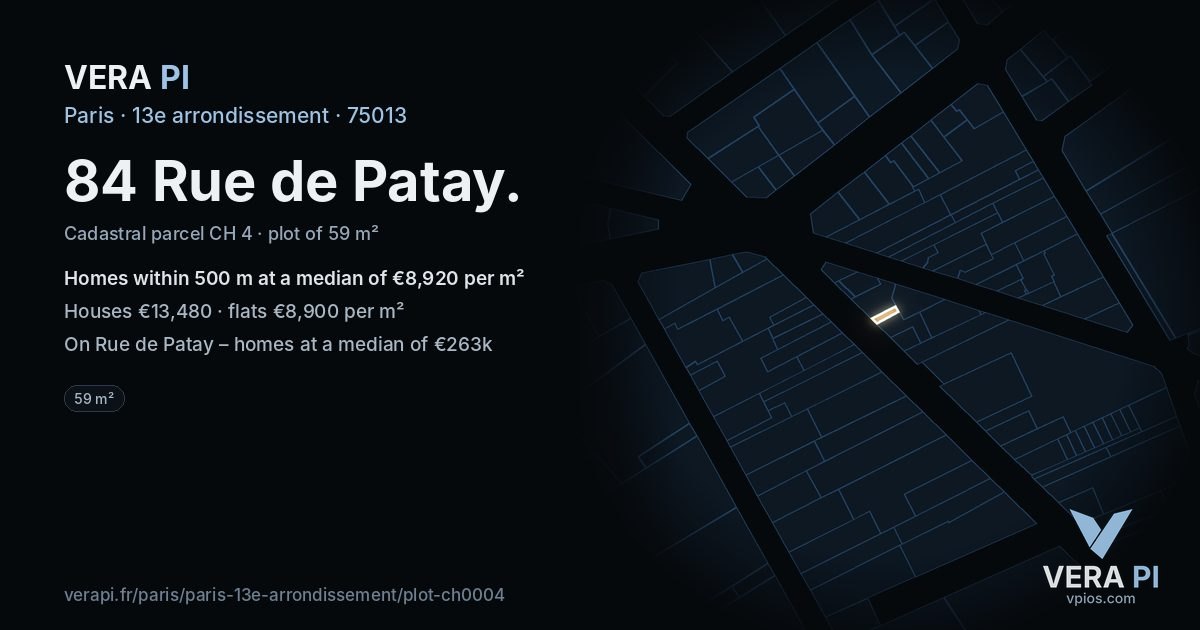 84 Rue de Patay, 13e arrondissement at night – the plot lit, the parcels around coloured by the prices near them