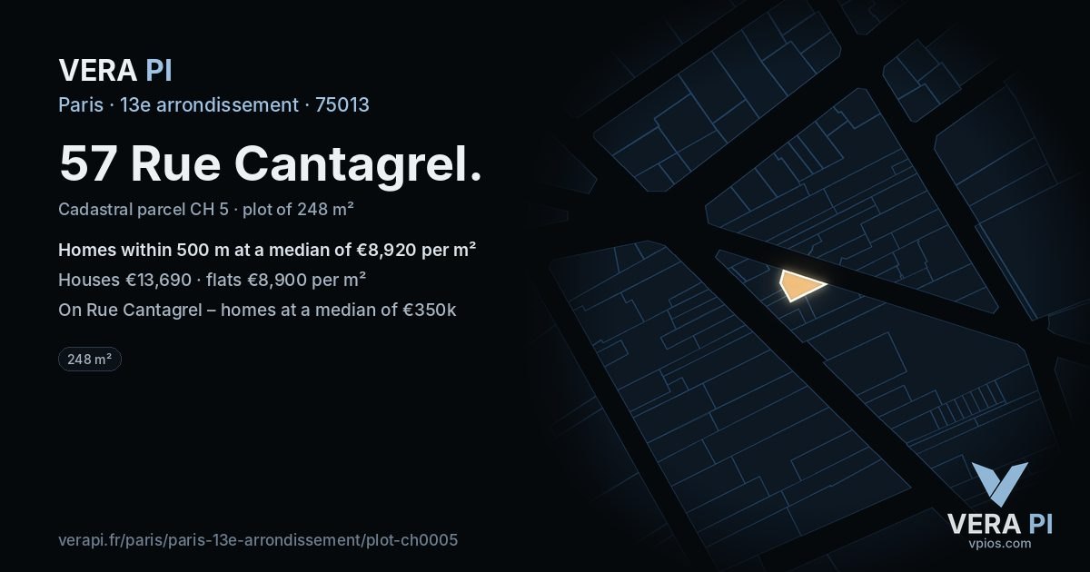 57 Rue Cantagrel, 13e arrondissement at night – the plot lit, the parcels around coloured by the prices near them