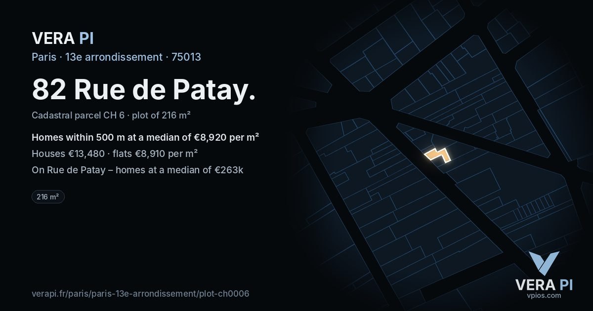 82 Rue de Patay, 13e arrondissement at night – the plot lit, the parcels around coloured by the prices near them