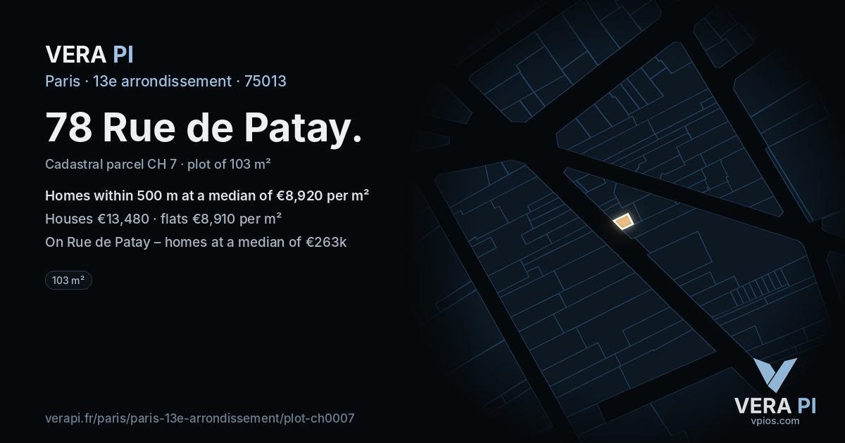 78 Rue de Patay, 13e arrondissement at night – the plot lit, the parcels around coloured by the prices near them