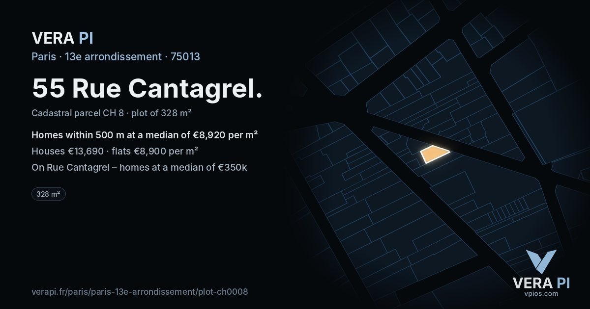 55 Rue Cantagrel, 13e arrondissement at night – the plot lit, the parcels around coloured by the prices near them