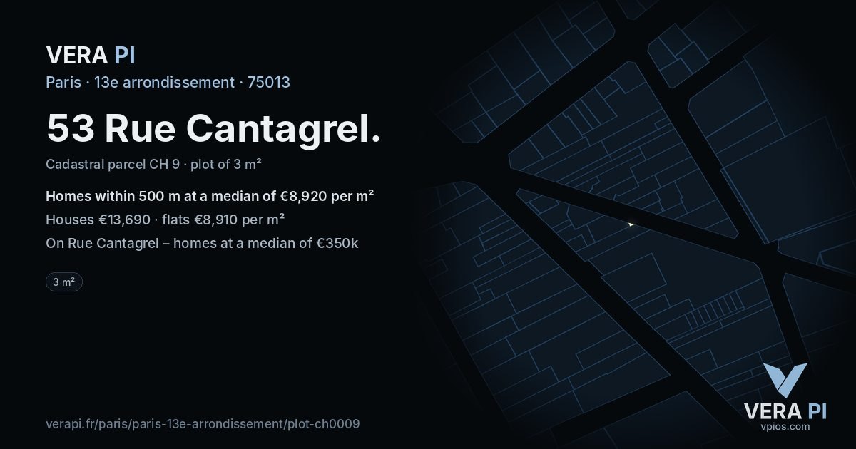 53 Rue Cantagrel, 13e arrondissement at night – the plot lit, the parcels around coloured by the prices near them