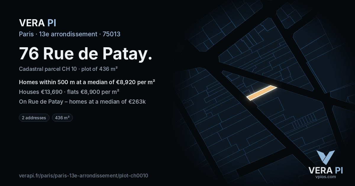 76 Rue de Patay, 13e arrondissement at night – the plot lit, the parcels around coloured by the prices near them
