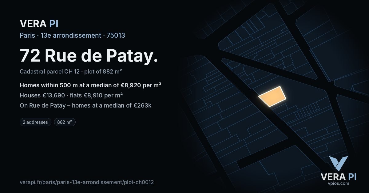 72 Rue de Patay, 13e arrondissement at night – the plot lit, the parcels around coloured by the prices near them