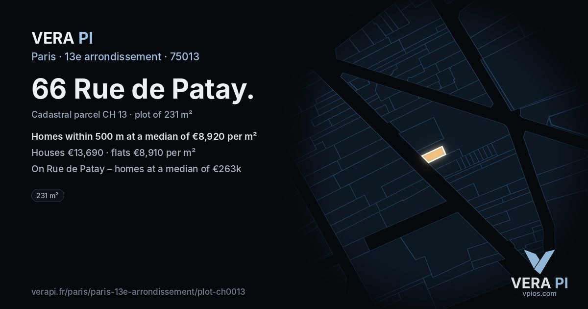 66 Rue de Patay, 13e arrondissement at night – the plot lit, the parcels around coloured by the prices near them