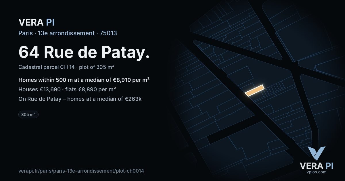 64 Rue de Patay, 13e arrondissement at night – the plot lit, the parcels around coloured by the prices near them
