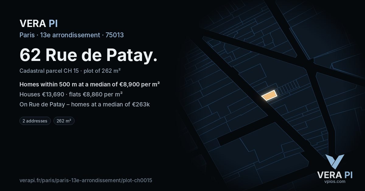 62 Rue de Patay, 13e arrondissement at night – the plot lit, the parcels around coloured by the prices near them