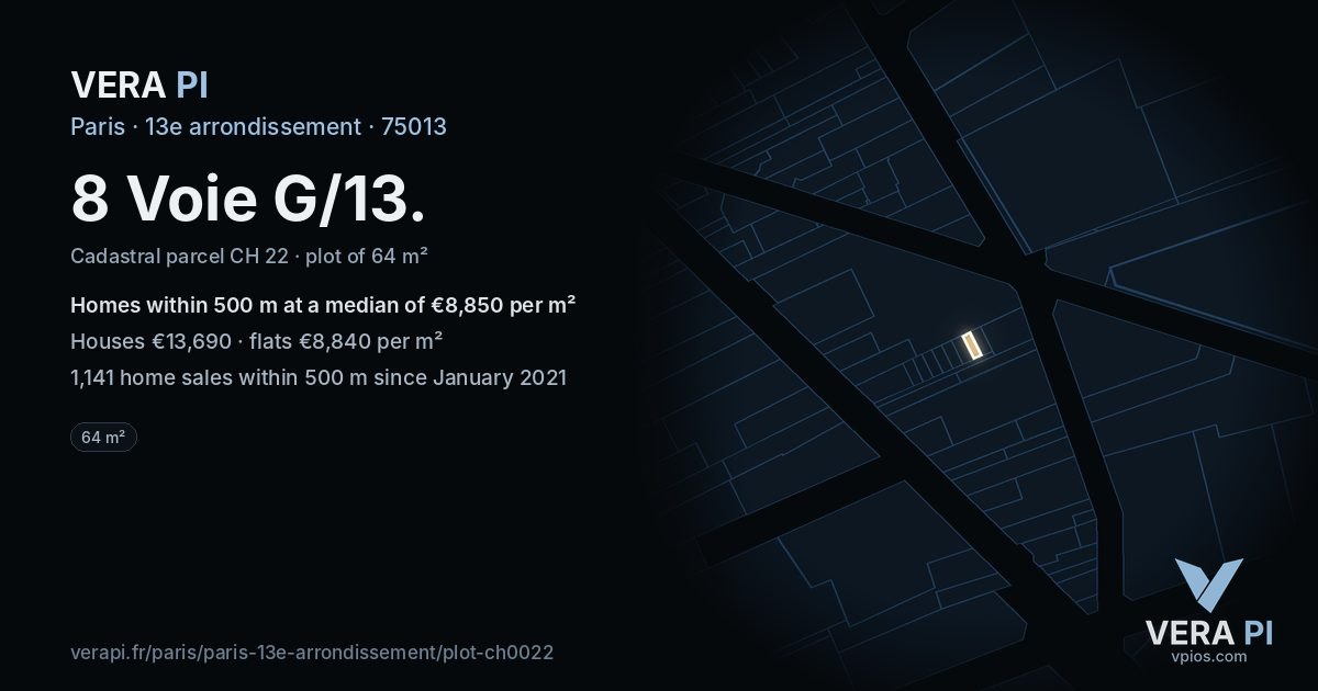 8 Voie G/13, 13e arrondissement at night – the plot lit, the parcels around coloured by the prices near them