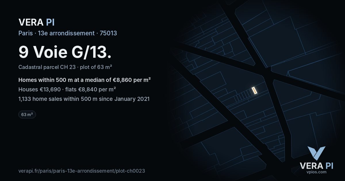 9 Voie G/13, 13e arrondissement at night – the plot lit, the parcels around coloured by the prices near them