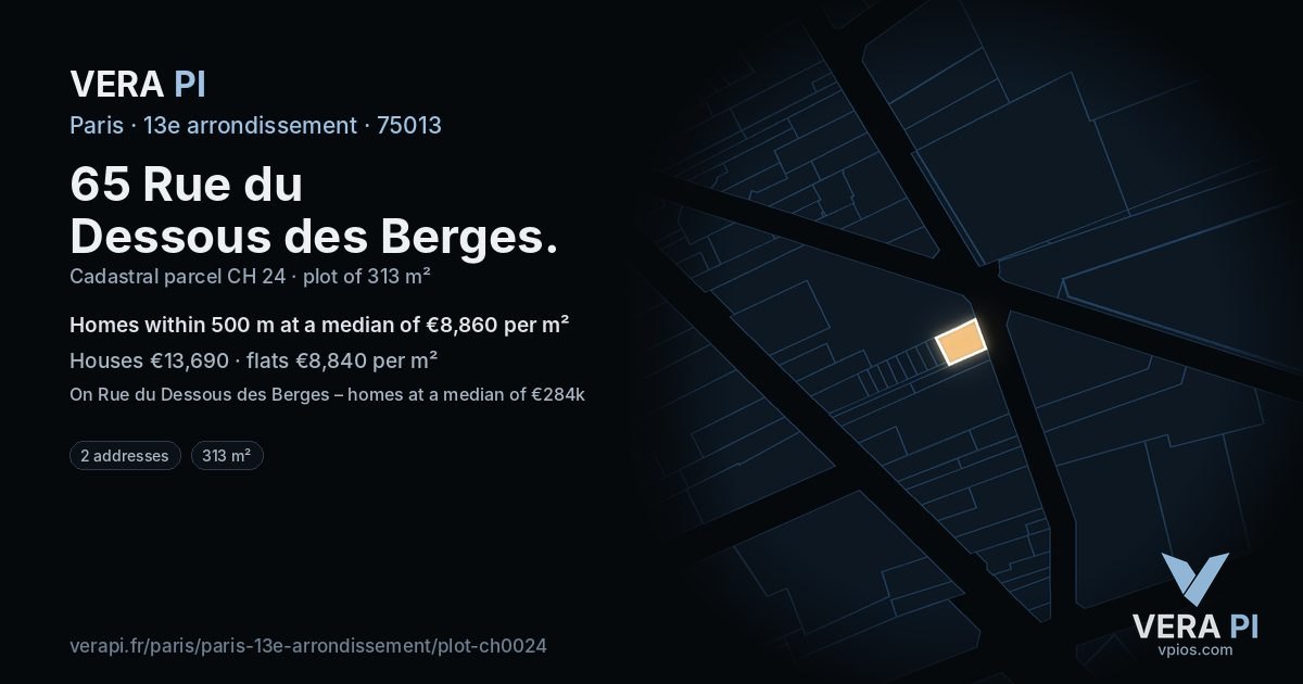 65 Rue du Dessous des Berges, 13e arrondissement at night – the plot lit, the parcels around coloured by the prices near them