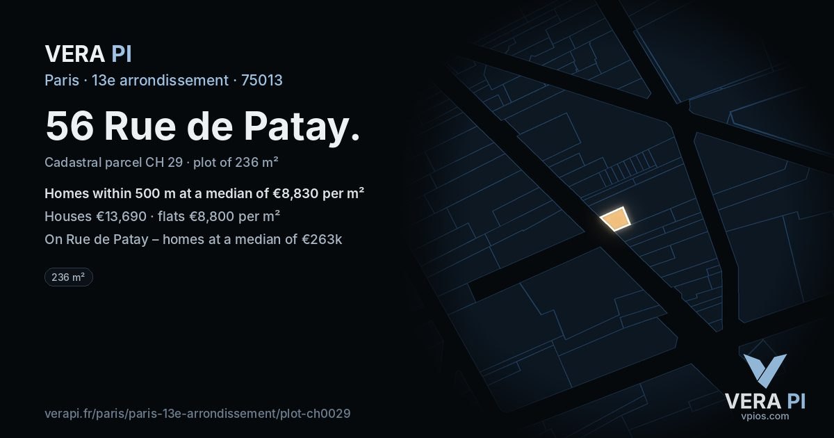 56 Rue de Patay, 13e arrondissement at night – the plot lit, the parcels around coloured by the prices near them