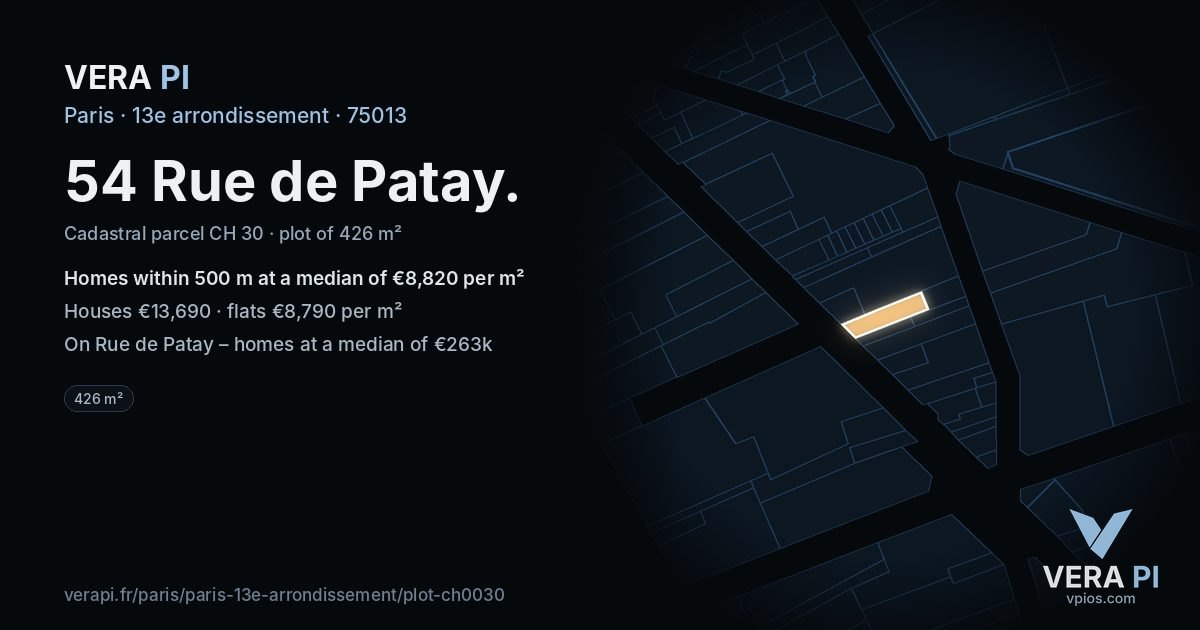 54 Rue de Patay, 13e arrondissement at night – the plot lit, the parcels around coloured by the prices near them