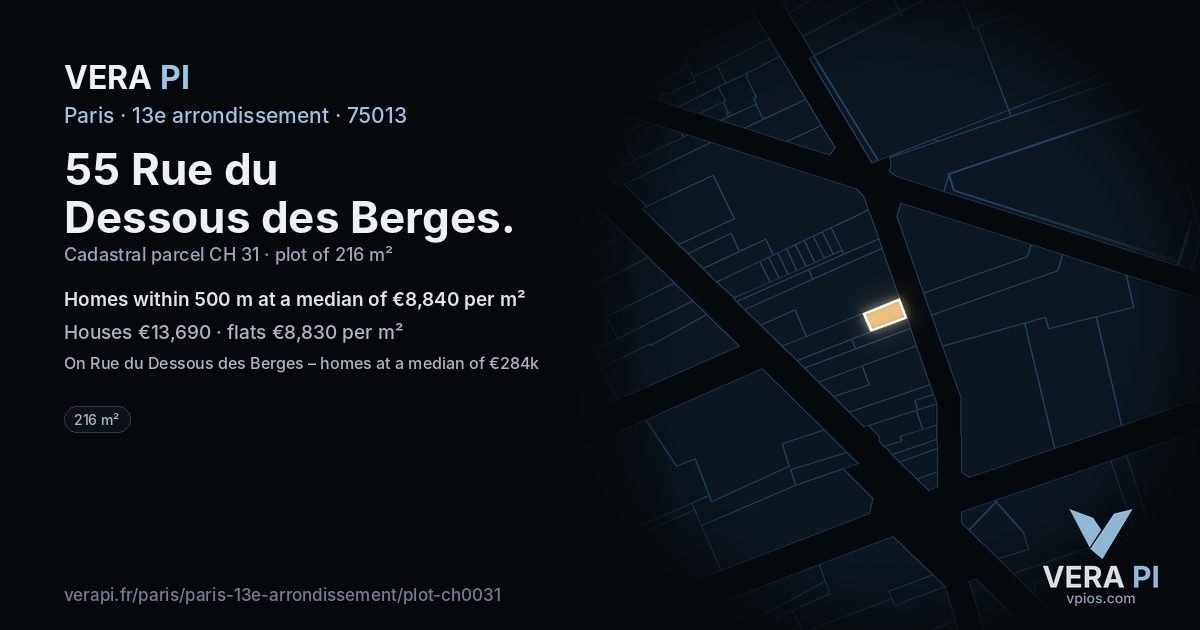55 Rue du Dessous des Berges, 13e arrondissement at night – the plot lit, the parcels around coloured by the prices near them