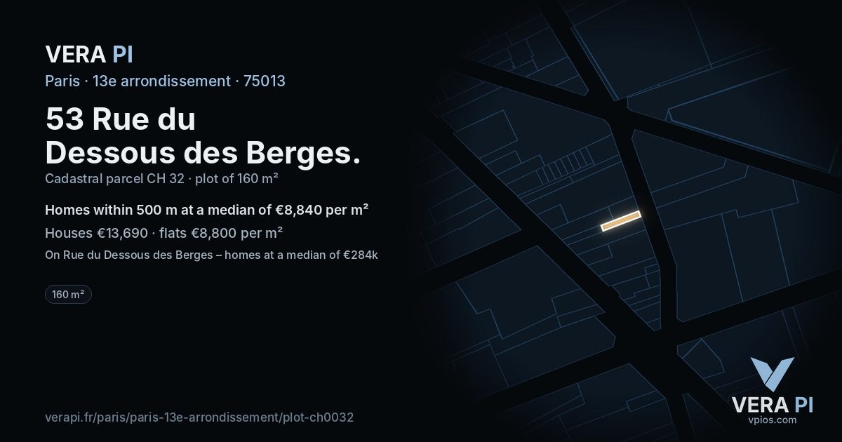 53 Rue du Dessous des Berges, 13e arrondissement at night – the plot lit, the parcels around coloured by the prices near them