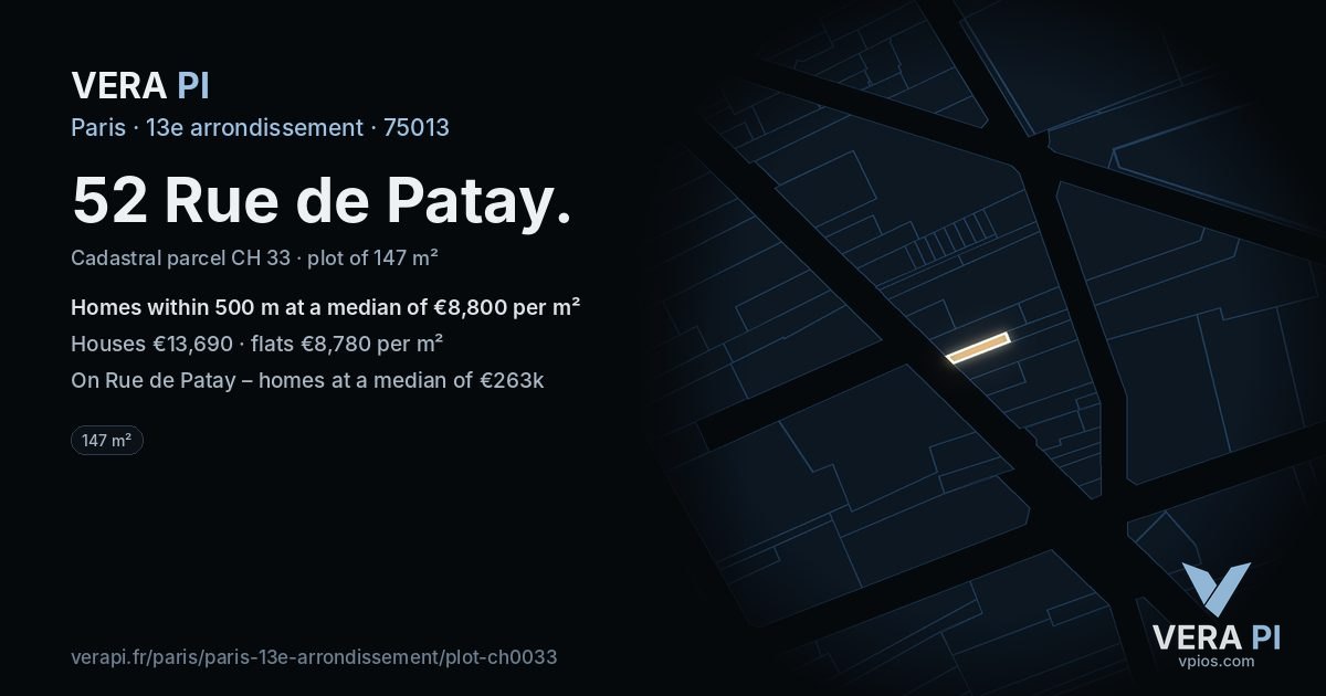 52 Rue de Patay, 13e arrondissement at night – the plot lit, the parcels around coloured by the prices near them