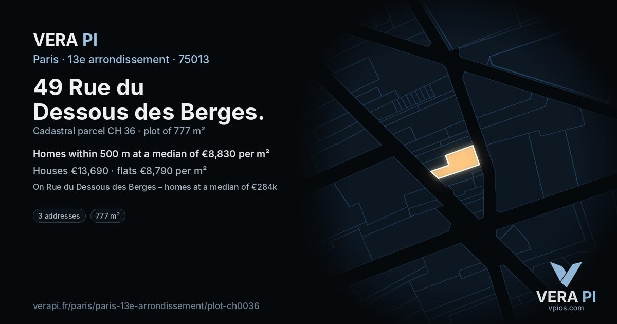 49 Rue du Dessous des Berges, 13e arrondissement at night – the plot lit, the parcels around coloured by the prices near them