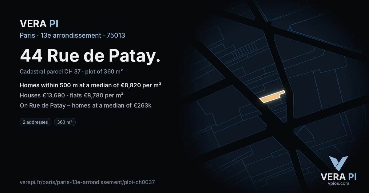 44 Rue de Patay, 13e arrondissement at night – the plot lit, the parcels around coloured by the prices near them