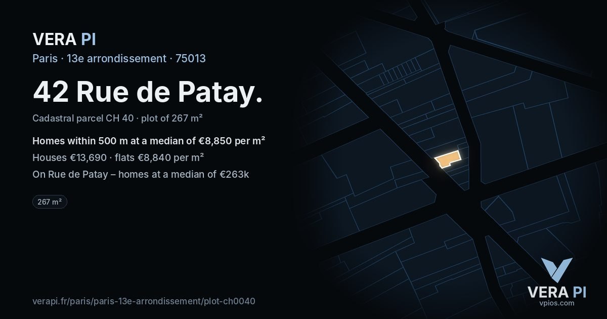 42 Rue de Patay, 13e arrondissement at night – the plot lit, the parcels around coloured by the prices near them