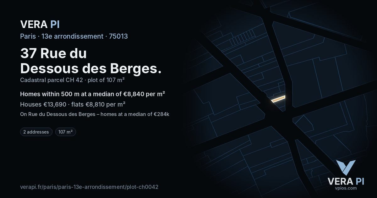 37 Rue du Dessous des Berges, 13e arrondissement at night – the plot lit, the parcels around coloured by the prices near them