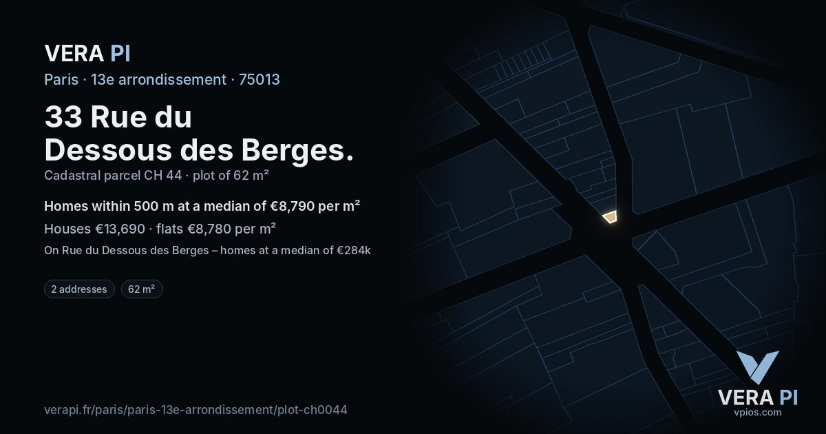 33 Rue du Dessous des Berges, 13e arrondissement at night – the plot lit, the parcels around coloured by the prices near them