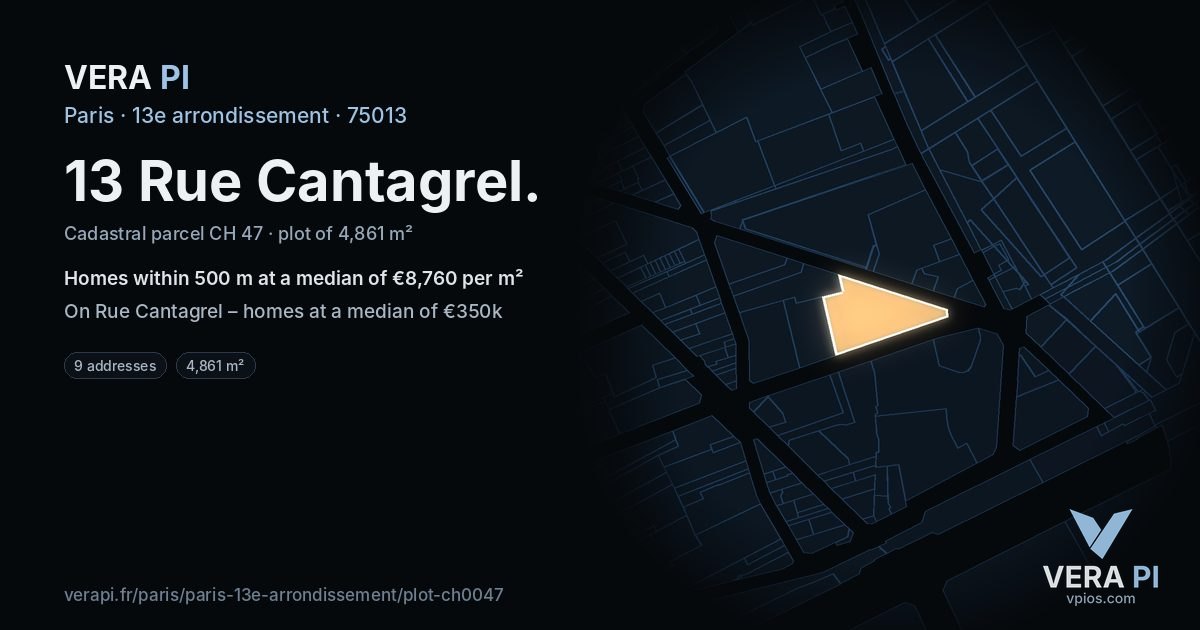 13 Rue Cantagrel, 13e arrondissement at night – the plot lit, the parcels around coloured by the prices near them