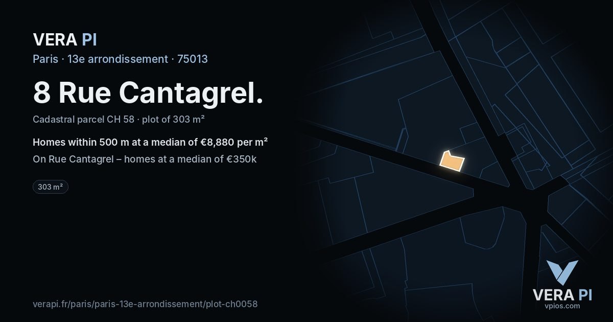 8 Rue Cantagrel, 13e arrondissement at night – the plot lit, the parcels around coloured by the prices near them