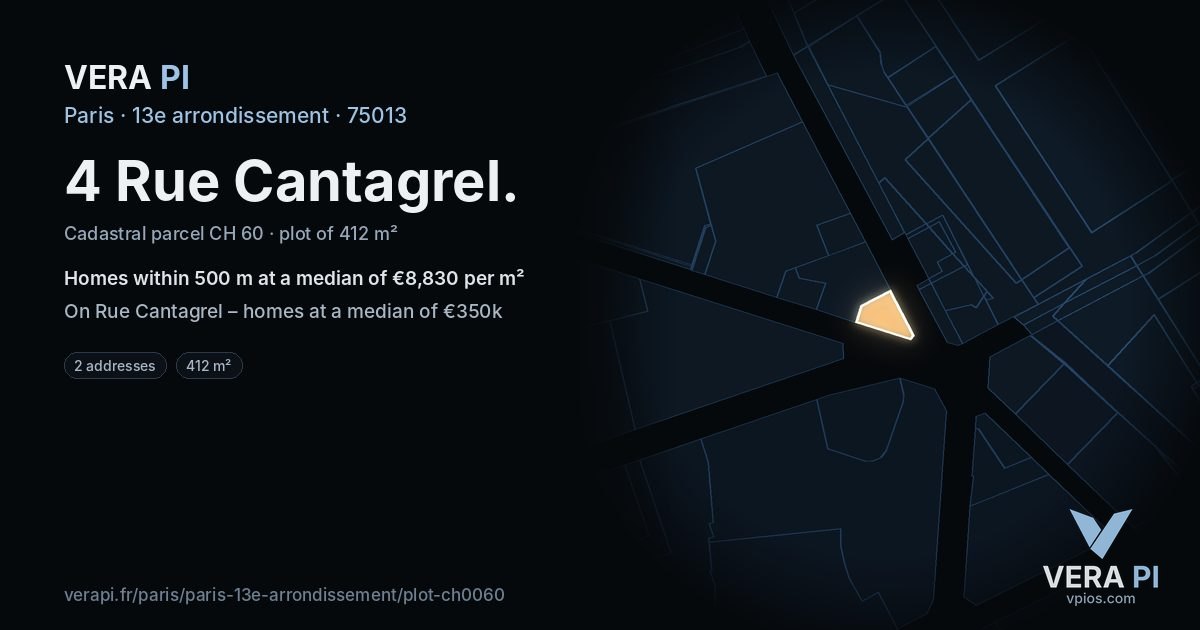 4 Rue Cantagrel, 13e arrondissement at night – the plot lit, the parcels around coloured by the prices near them