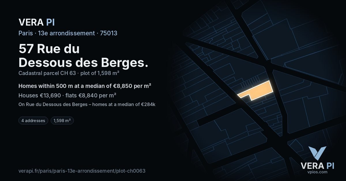 57 Rue du Dessous des Berges, 13e arrondissement at night – the plot lit, the parcels around coloured by the prices near them