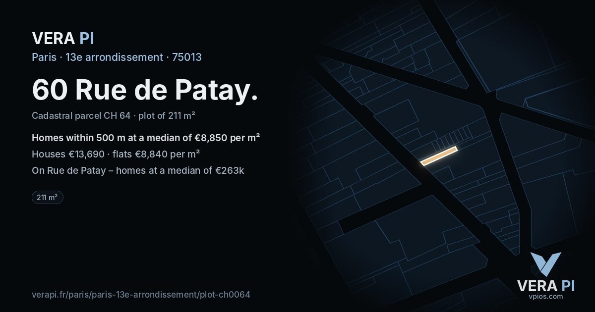 60 Rue de Patay, 13e arrondissement at night – the plot lit, the parcels around coloured by the prices near them