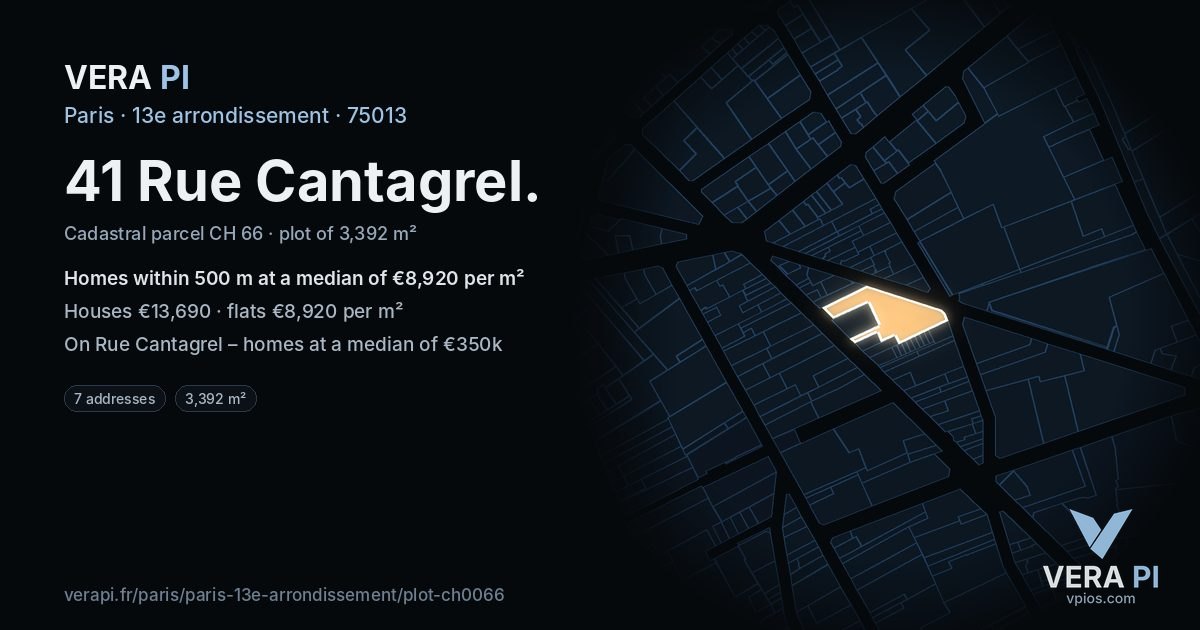 41 Rue Cantagrel, 13e arrondissement at night – the plot lit, the parcels around coloured by the prices near them