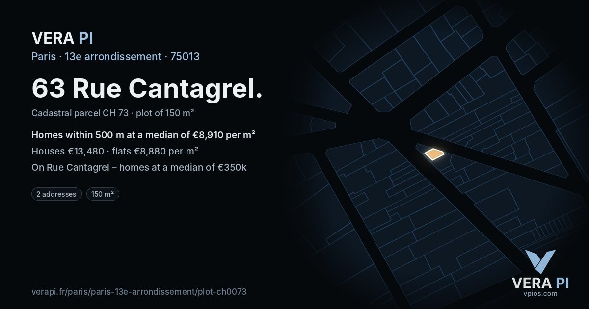 63 Rue Cantagrel, 13e arrondissement at night – the plot lit, the parcels around coloured by the prices near them