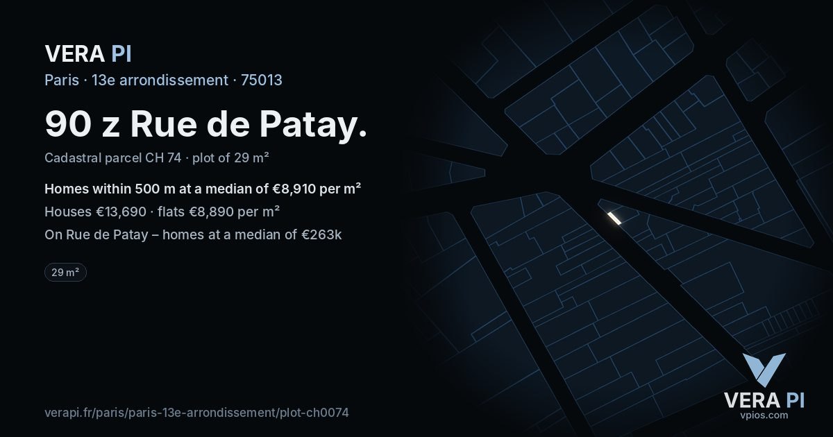 90 z Rue de Patay, 13e arrondissement at night – the plot lit, the parcels around coloured by the prices near them