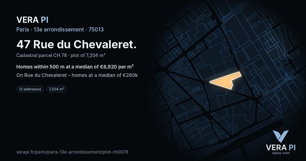 47 Rue du Chevaleret, 13e arrondissement at night – the plot lit, the parcels around coloured by the prices near them