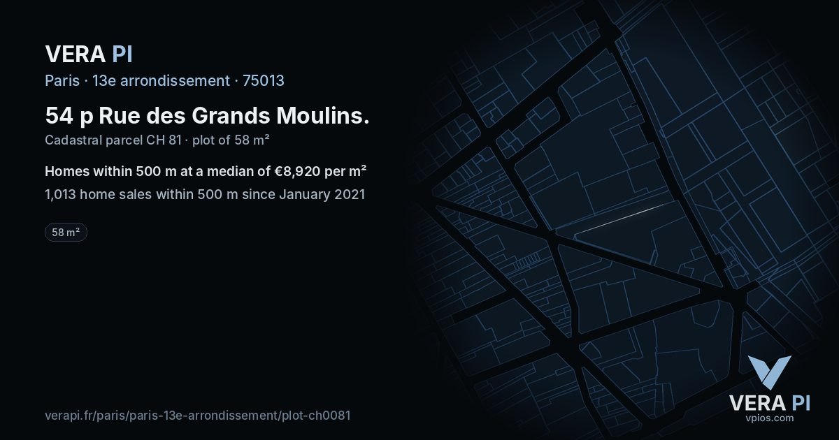 54 p Rue des Grands Moulins, 13e arrondissement at night – the plot lit, the parcels around coloured by the prices near them
