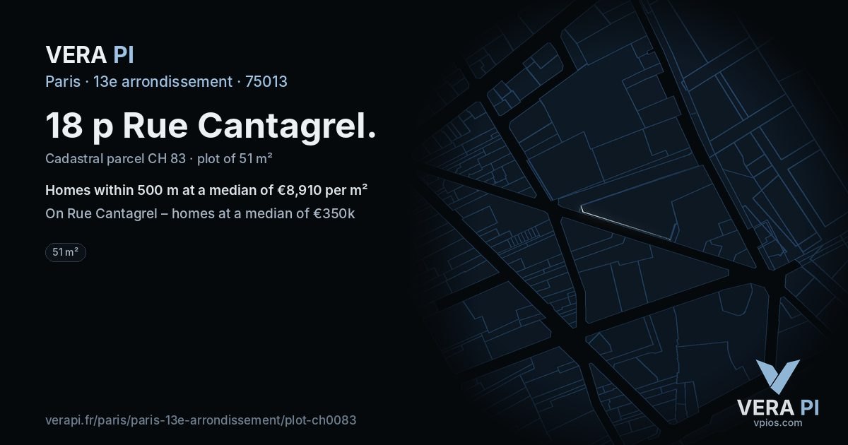 18 p Rue Cantagrel, 13e arrondissement at night – the plot lit, the parcels around coloured by the prices near them