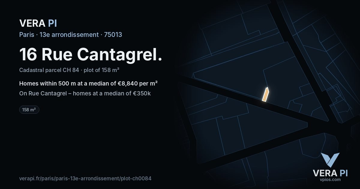 16 Rue Cantagrel, 13e arrondissement at night – the plot lit, the parcels around coloured by the prices near them