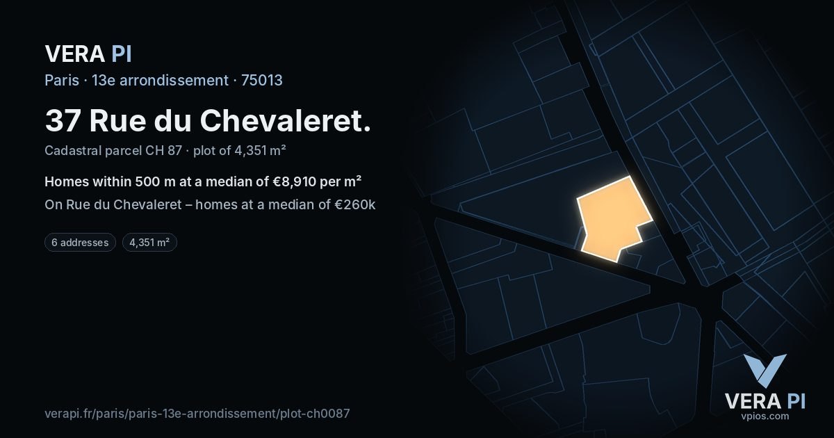 37 Rue du Chevaleret, 13e arrondissement at night – the plot lit, the parcels around coloured by the prices near them